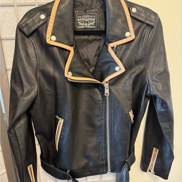 Levi Strauss Black Leather Jacket with Tan Accents - Picture 2 of 5